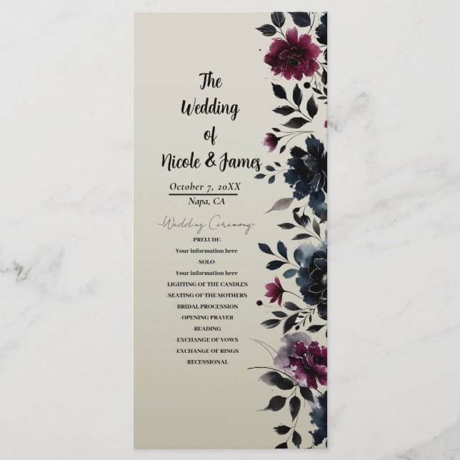 Midnight Blue Burgundy Inky Floral Almond Wedding Programme (Front)