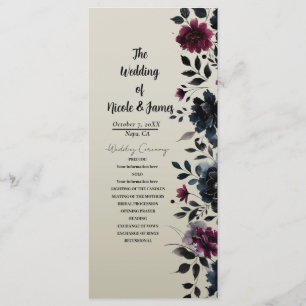 Midnight Blue Burgundy Inky Floral Almond Wedding Programme