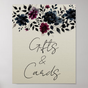 Midnight Blue Burgundy Inky Floral Guestbook Sign