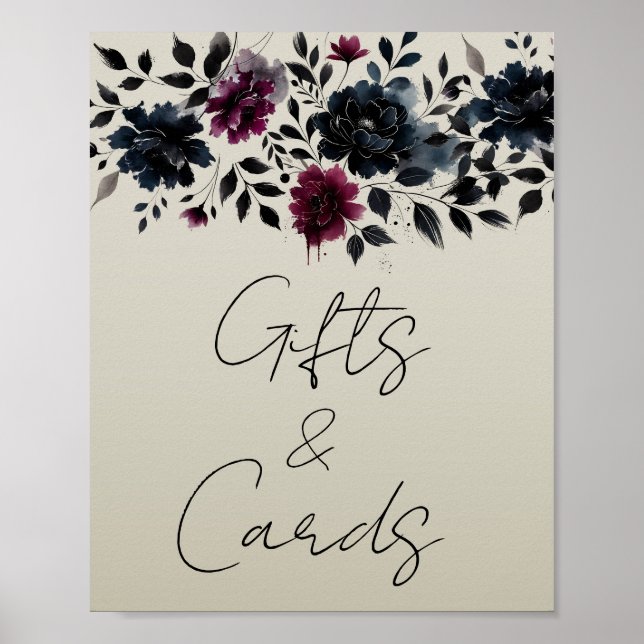 Midnight Blue Burgundy Inky Floral Guestbook Sign (Front)
