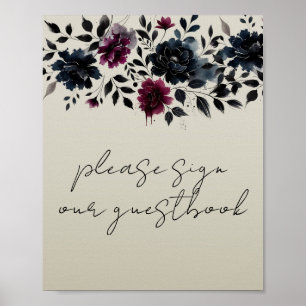 Midnight Blue Burgundy Inky Floral Guestbook Sign