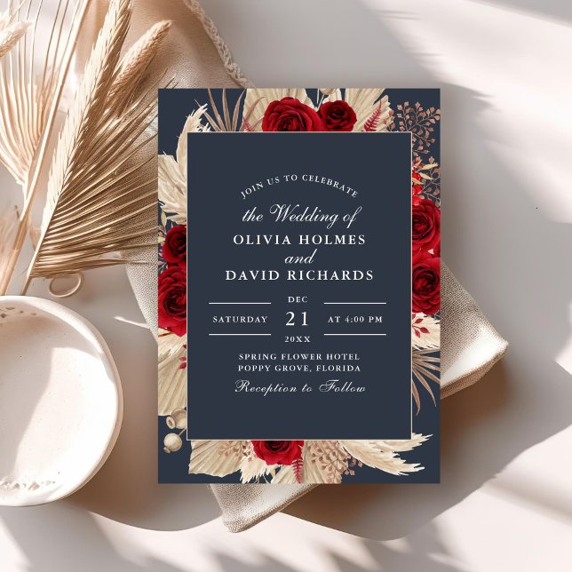 Midnight Blue Burgundy Roses Wedding Invitation (Midnight Blue Burgundy Roses Wedding Invitation on a boho table with dry palm leaf.)