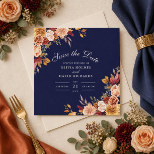 Midnight Blue Burnt Orange Floral Square Save The Date