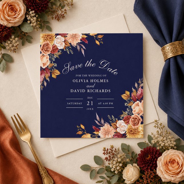 Midnight Blue Burnt Orange Floral Square  Save The Date (Creator Uploaded)