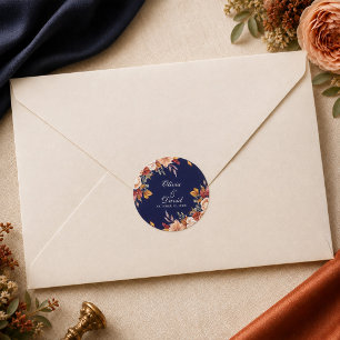 Midnight Blue Burnt Orange Floral Wedding Classic Round Sticker