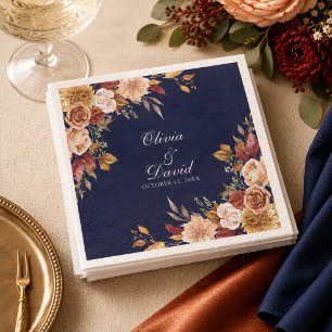 Midnight Blue Burnt Orange Floral Wedding Paper Napkin