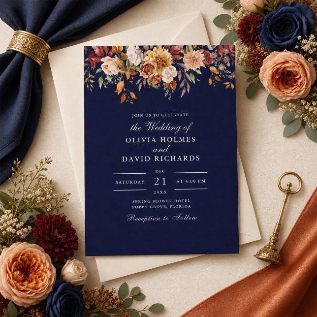 Midnight Blue Burnt Orange Wildflower Wedding Invitation (Creator Uploaded)