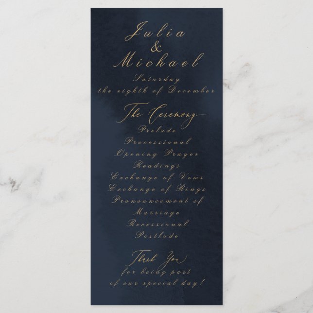 Midnight Blue Calligraphy Wedding Program Card (Front)