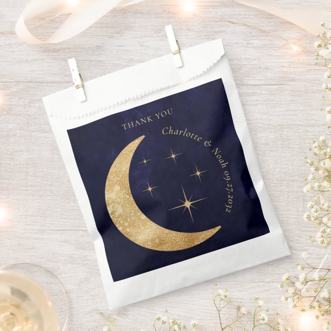 Midnight Blue Celestial Gold Moon Stars Wedding Favour Bags (Clipped)