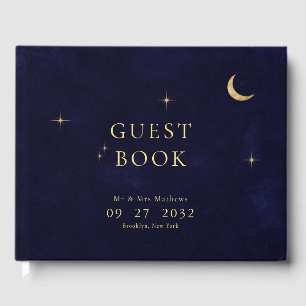 Midnight Blue Celestial Gold Moon Stars Wedding Guest Book