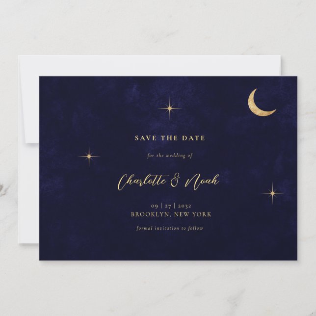Midnight Blue Celestial Gold Moon Stars Wedding Save The Date (Front)