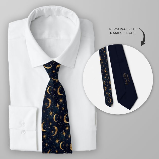 Midnight Blue Celestial Moon and Stars Tie (Celestial Moon and Stars Wedding Necktie)