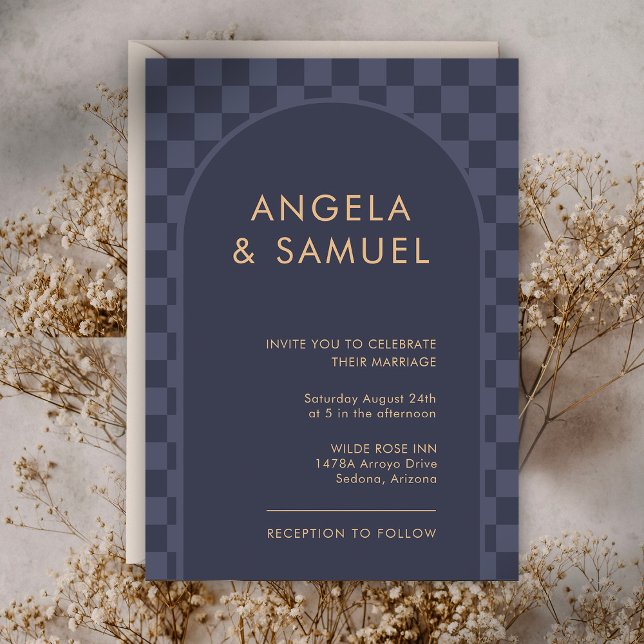 Midnight Blue Chequered Modern Wedding Invitation (Creator Uploaded)