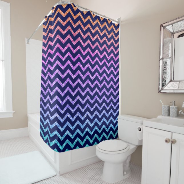 Midnight-Blue Chevron & Colourful Glitter Texture Shower Curtain (In Situ)