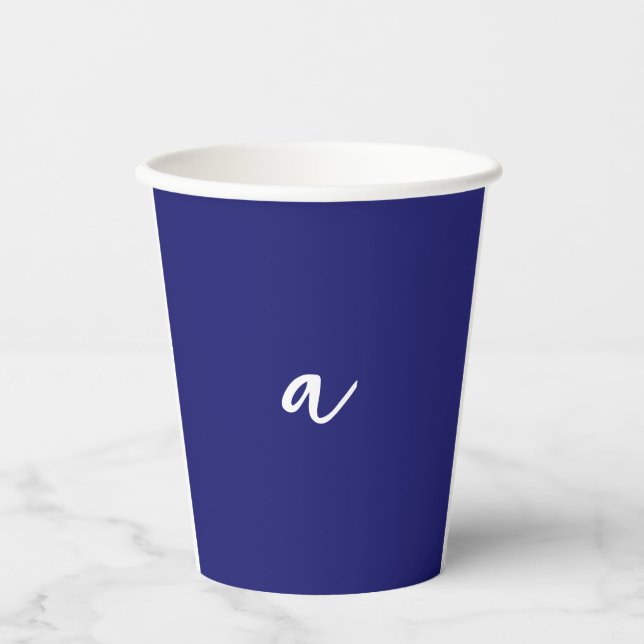 Midnight Blue Colour Minimalist Plain Monogram Paper Cups (Front)