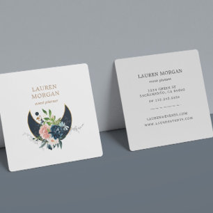 Midnight Blue Crescent Moon Floral Square Business Card