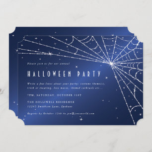 Midnight Blue Diamond Spider Web Halloween Party Invitation