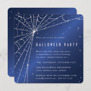 Midnight Blue Diamond Spider Web Halloween Party Invitation
