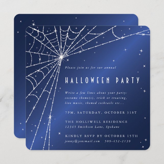 Midnight Blue Diamond Spider Web Halloween Party Invitation (Front/Back)