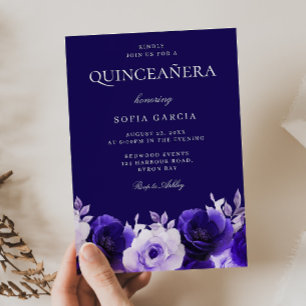 Midnight Blue Elegant Navy Roses Quinceanera Party Invitation