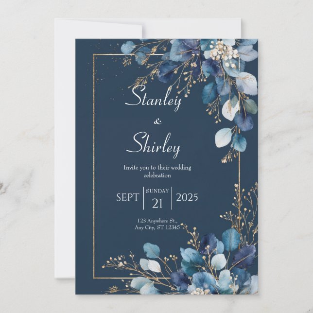 Midnight Blue Eucalyptus Wedding Invitation (Front)
