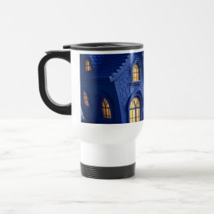 Midnight Blue Fairytale Castle Warm Light Windows Travel Mug