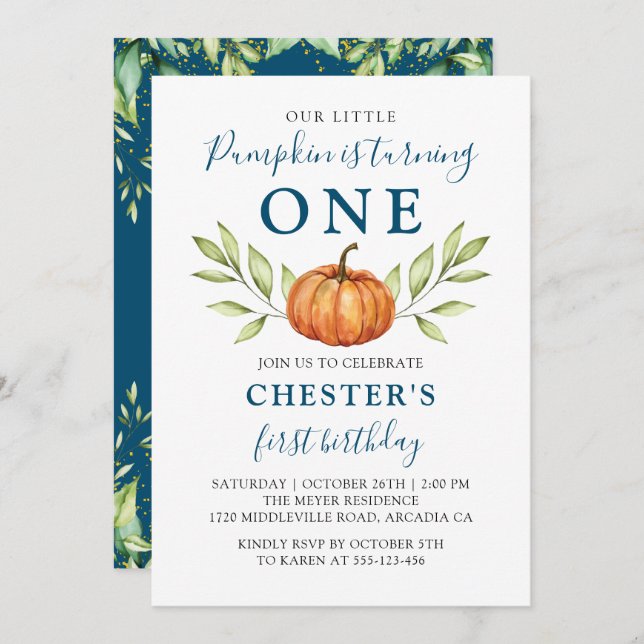 Midnight Blue Fall Little Pumpkin First Birthday Invitation (Front/Back)
