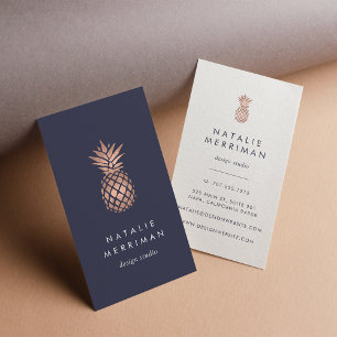 Midnight Blue & Faux Rose Gold Pineapple Vertical Business Card