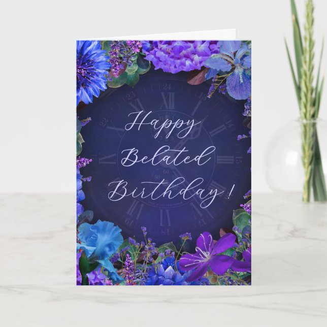 Midnight Blue Floral Belated Birthday Card (Front)