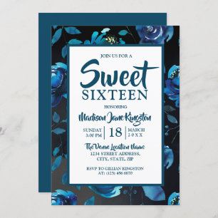 Midnight Blue Floral Black Elegant Sweet 16 Invite