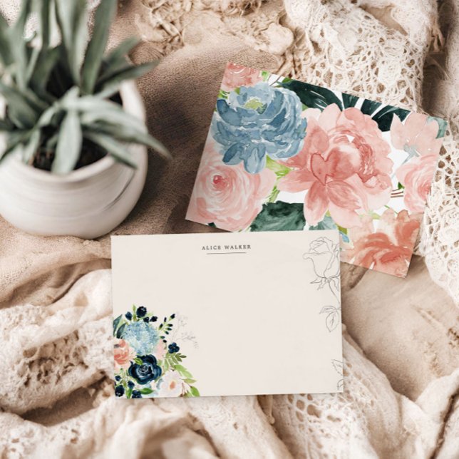Midnight Blue Floral Blush Stationery Note Card (Creator Uploaded)