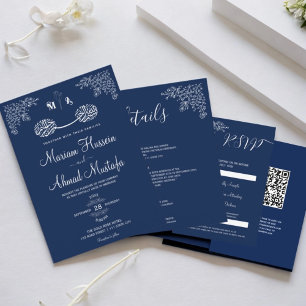 Midnight Blue Floral Islamic Muslim Nikah Wedding Invitation