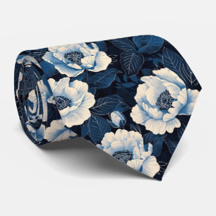 Midnight Blue Floral Necktie Elegant Ivory Bloom