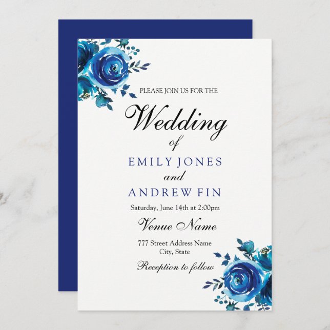 Midnight Blue Floral Rose Wedding Invitation (Front/Back)