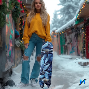 Midnight Blue Floral Skateboard with Abstract Leaf