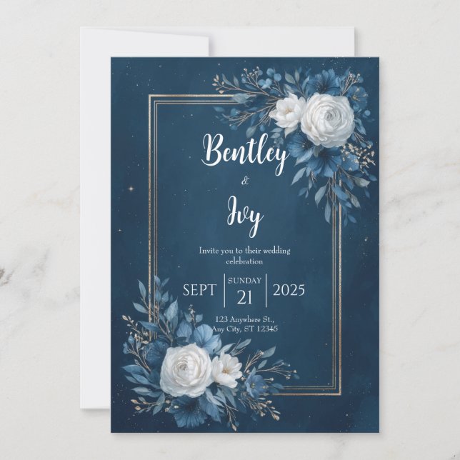 Midnight Blue Floral Wedding  Invitation (Front)