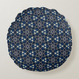 Midnight Blue Flowers Pattern Round Pillow