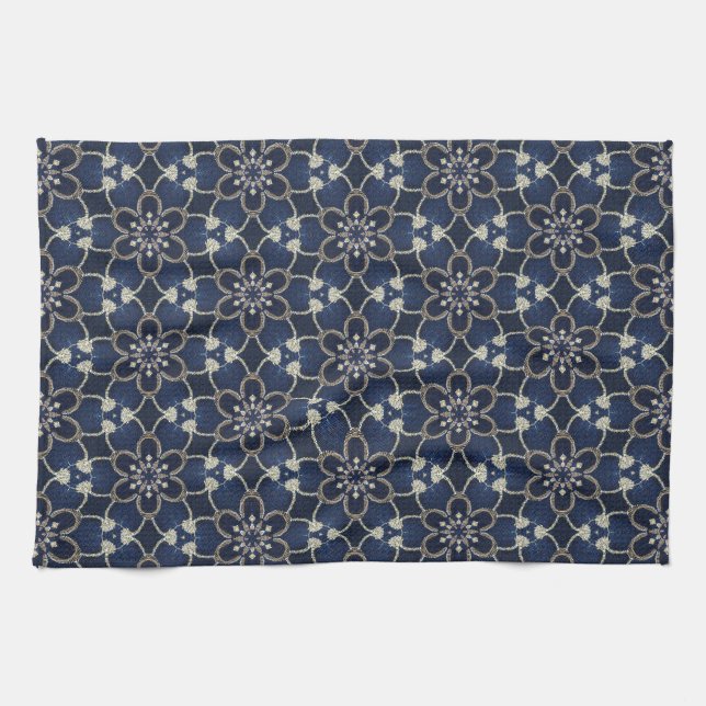 Midnight Blue Flowers Pattern Tea Towel (Horizontal)