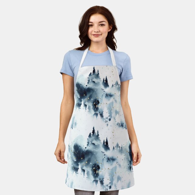 Midnight Blue Forest Watercolor Pattern Apron (Worn)
