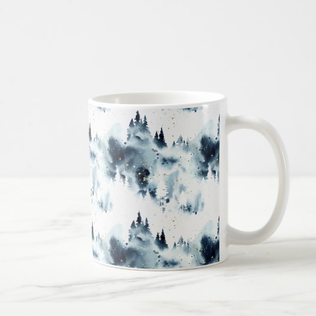 Midnight Blue Forest Watercolor Pattern Coffee Mug (Right)