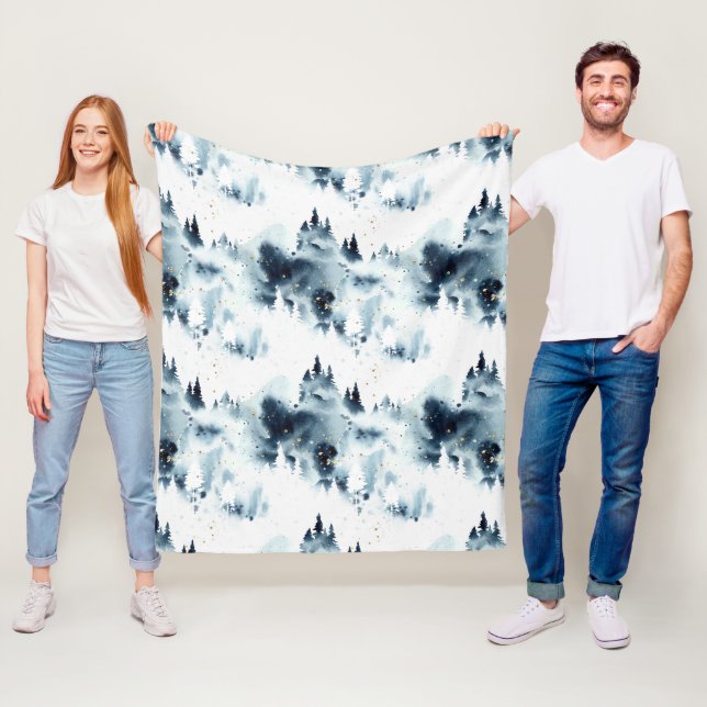 Midnight Blue Forest Watercolor Pattern Fleece Blanket (In Situ)