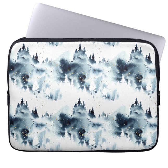 Midnight Blue Forest Watercolor Pattern Laptop Sleeve (Front)