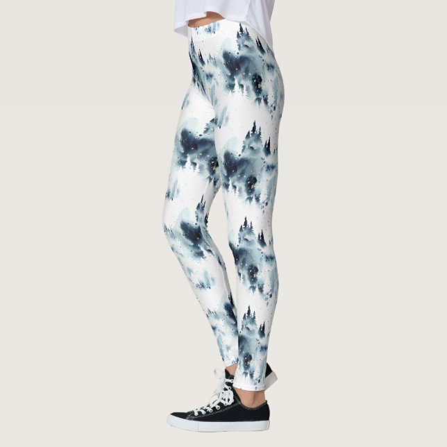 Midnight Blue Forest Watercolor Pattern Leggings (Left)