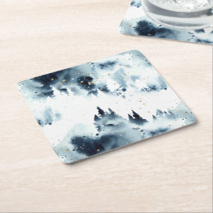 Midnight Blue Forest Watercolor Pattern Square Paper Coaster