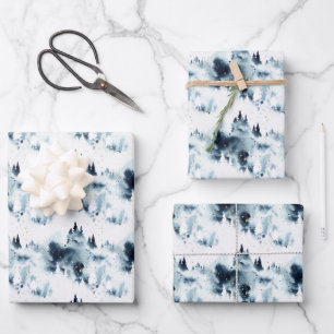 Midnight Blue Forest Watercolor Pattern Wrapping Paper Sheet