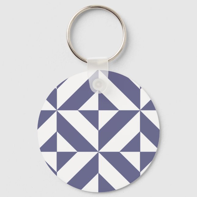 Midnight Blue Geometric Deco Cube Pattern Key Ring (Front)