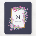 Midnight Blue, Gold and Pink Bougainvillea Flowers Mouse Pad<br><div class="desc">This beautiful mouse pad features a midnight blue background,  and a faux gold frame surrounded by pretty pink bougainvillea flowers. Personalise with your name and monogram to make it your own. We have used art from LABFcreations.</div>