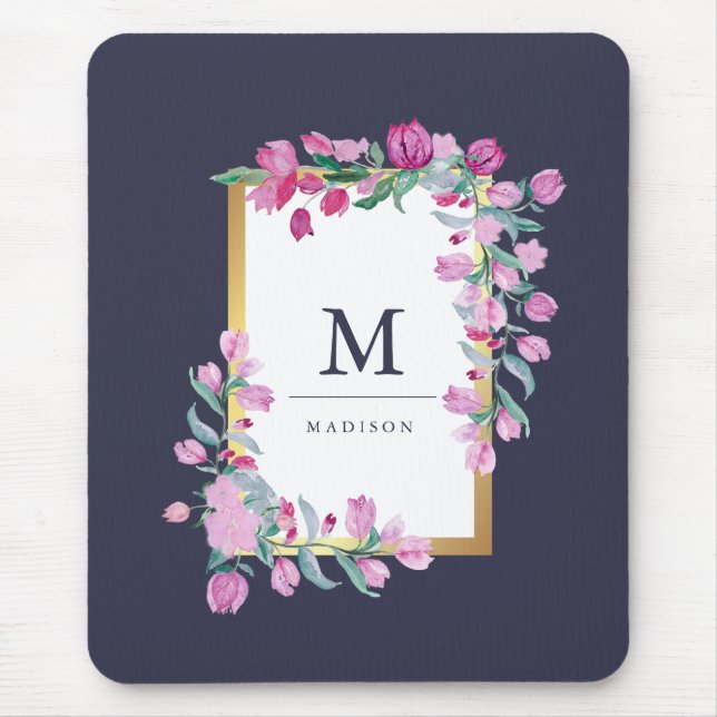Midnight Blue, Gold and Pink Bougainvillea Flowers Mouse Pad (Front)