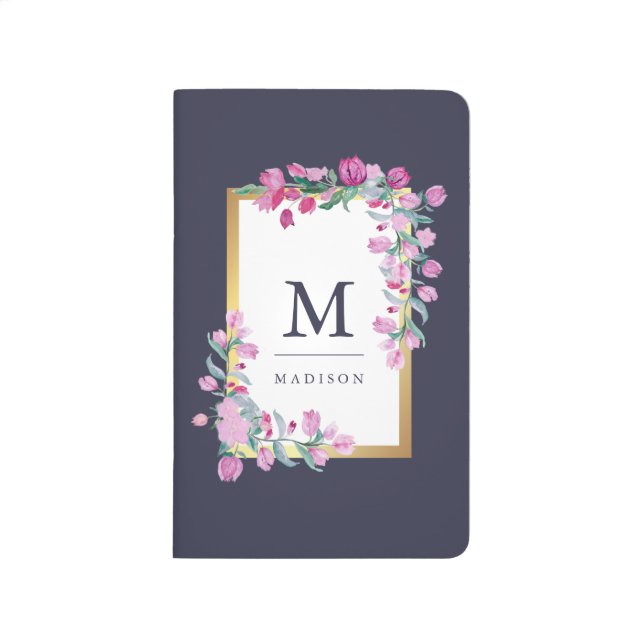 Midnight Blue, Gold and Pink Watercolor Flowers Journal (Front)