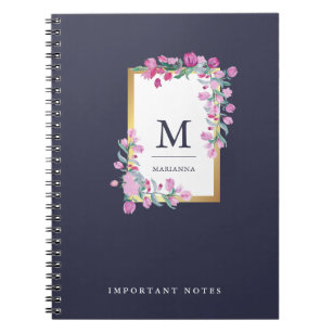 Midnight Blue, Gold and Pink Watercolor Flowers Spiral Notebook